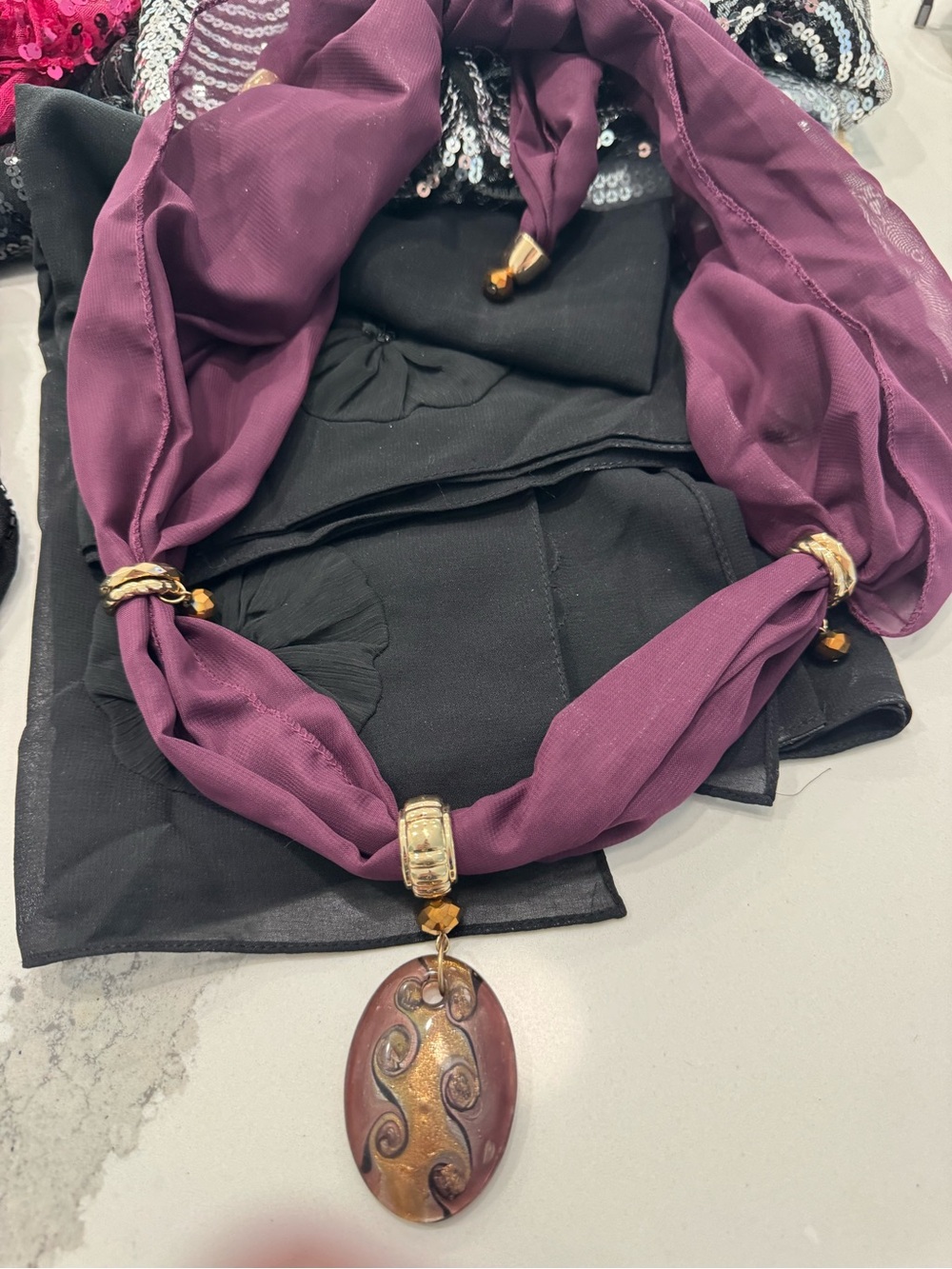 Purple Scarf Necklace with Swirl Pendant